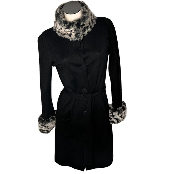 I.N.C. Faux Fur Animal Print Trim Black Button Sweater Coat Women's Size M - Picture 1 of 13